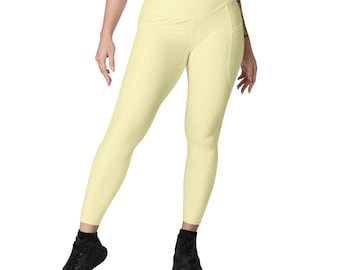 Light Yellow Leggings Plain Pastel Yellow Plus Size High Waist Crossover Leggings with Pocket Soft Stretch Yoga Workout Pants Fitness Pant