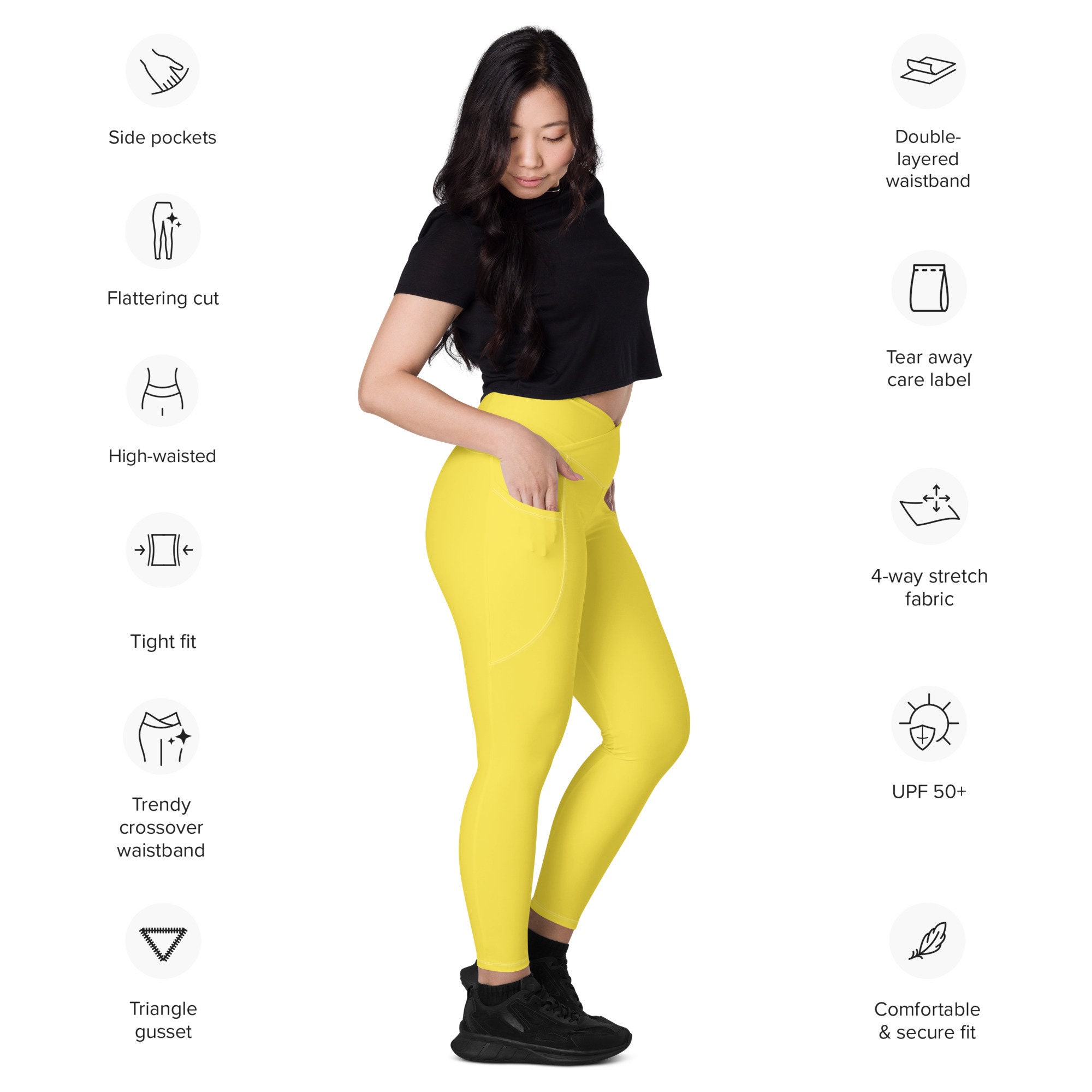 Solid Yellow Leggings for Women, Plain Yellow Leggings,high Waisted  Crossover Leggings With Pocket, Plus Size Printed Leggings,workout Pants -   Israel