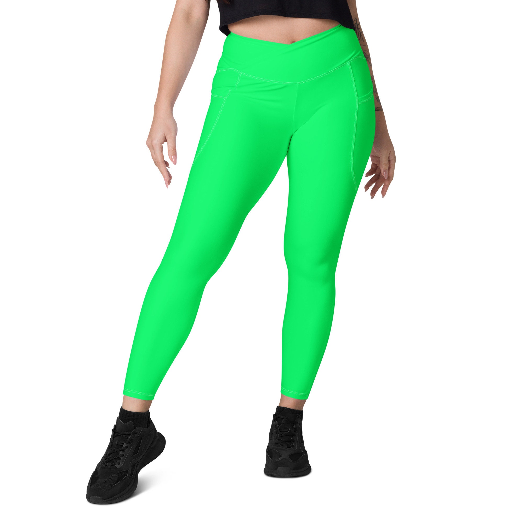 Neon Green Leggings, Solid Bright Lime Green Plus Size High Waist