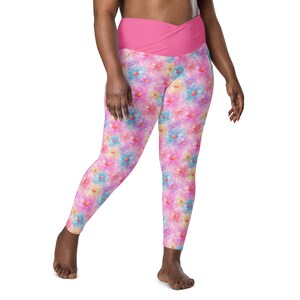 Colorful Flowers Leggings for Women, Plus Size Leggings, Workout Leggings, Crossover High Waist Leggings with Pockets, Fitness Yoga Pants