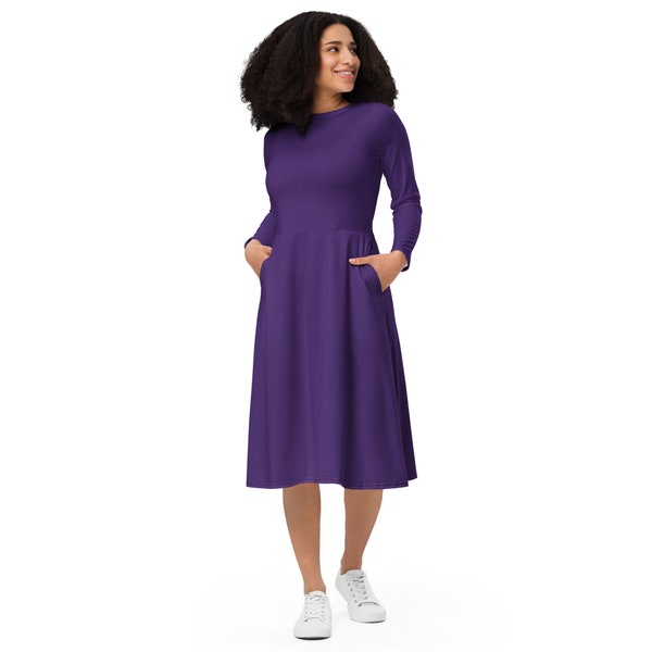 Solid Purple Midi Dress, Full Sleeves Dress, Casual Evening Party Dress, Beach Dress, Plus Size Dress with Pockets, Plain purple Dress