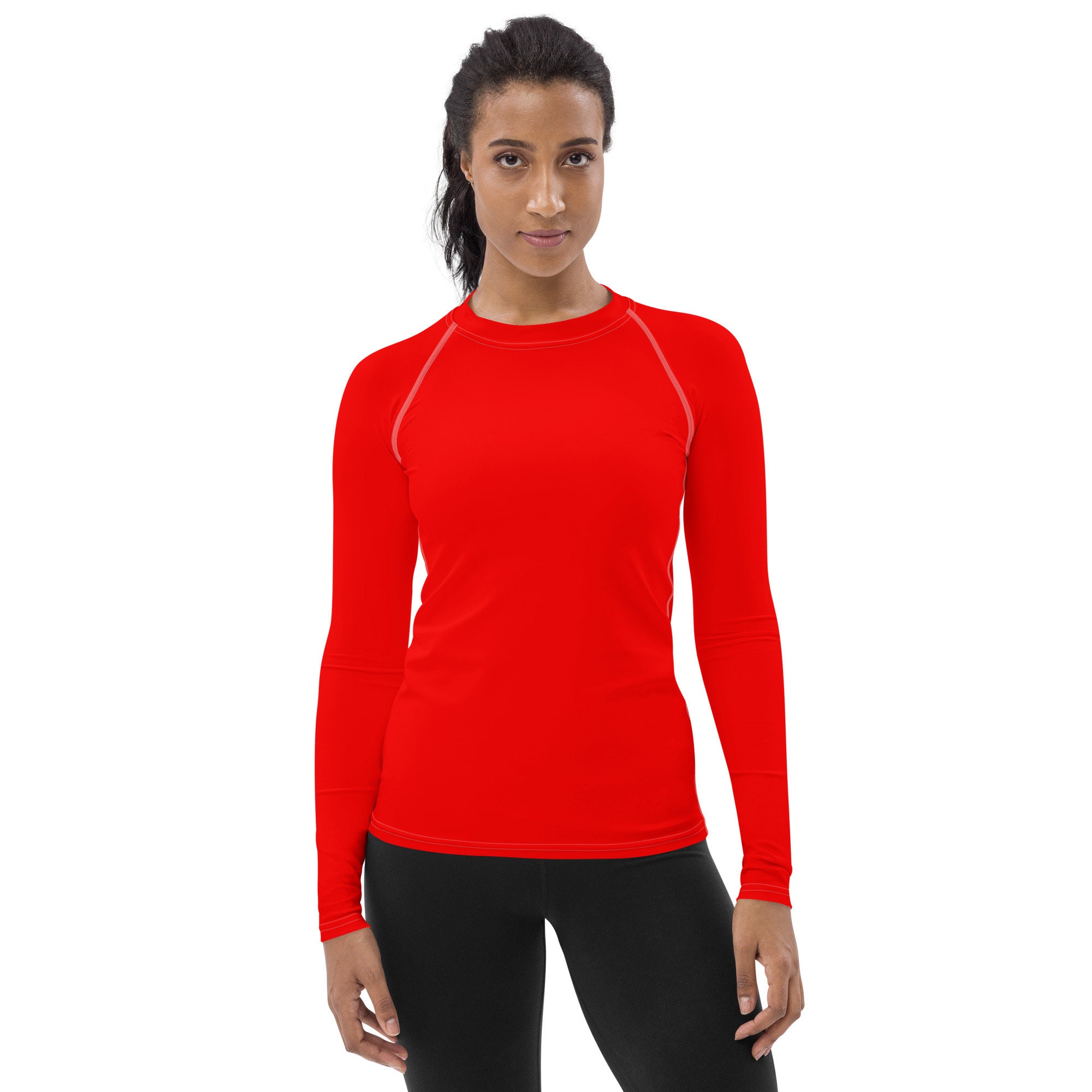 Solid Bright Neon Red Rash Guard, Swim Surf Shirt, Long Sleeve Fitness ...