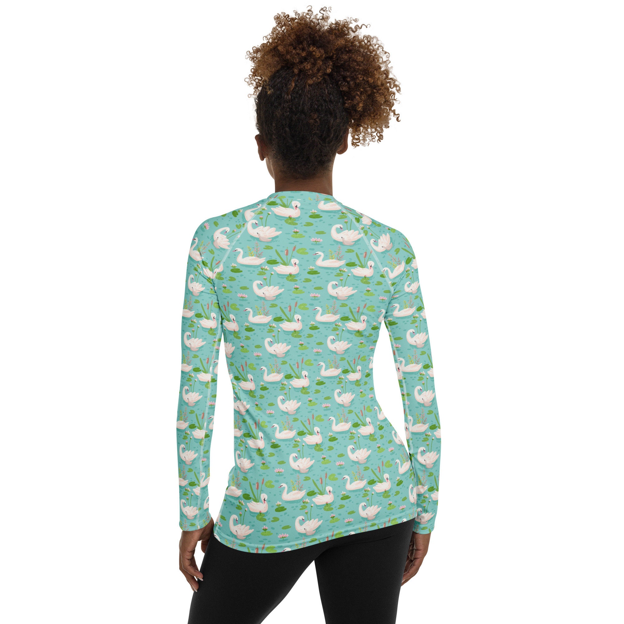 Pastel Swan Birds Printed Rash Guard, Comfy Animal Pattern Rash Guard ...