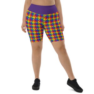 LGBTQ Rainbow Checker Biker Shorts Women, Lesbian Pride Shorts, Gym Workout Running Athletic Shorts, All Over Print, Lesbian Gift, Plus Size