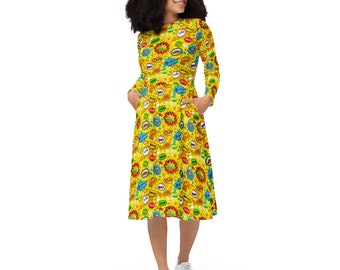 Comics Printed Dress | Comic Book Dress | Wonder Women | Long Sleeve Dress with Pockets | Long Sleeves | Cute Colorful Dress | Comics Lover