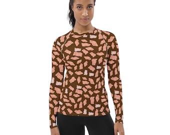 Bacon Lover Printed Rash Guard, Foodie Rash Guard, Long Sleeve Yoga Workout Rash Guard, Jiu Jitsu BJJ Women Activewear, Bacon Lover Gifts