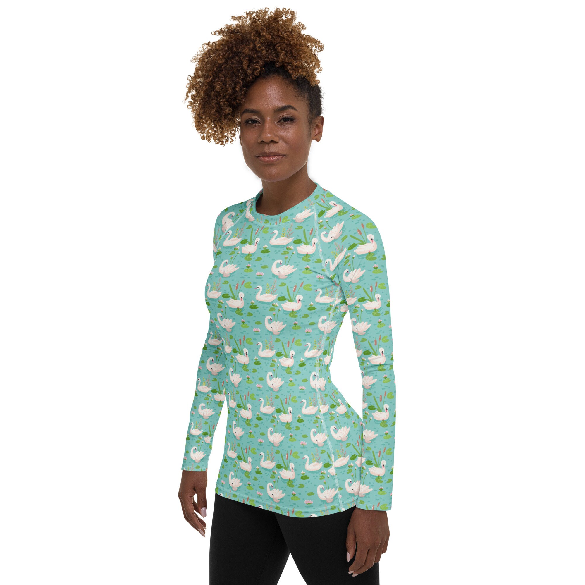 Pastel Swan Birds Printed Rash Guard, Comfy Animal Pattern Rash Guard ...