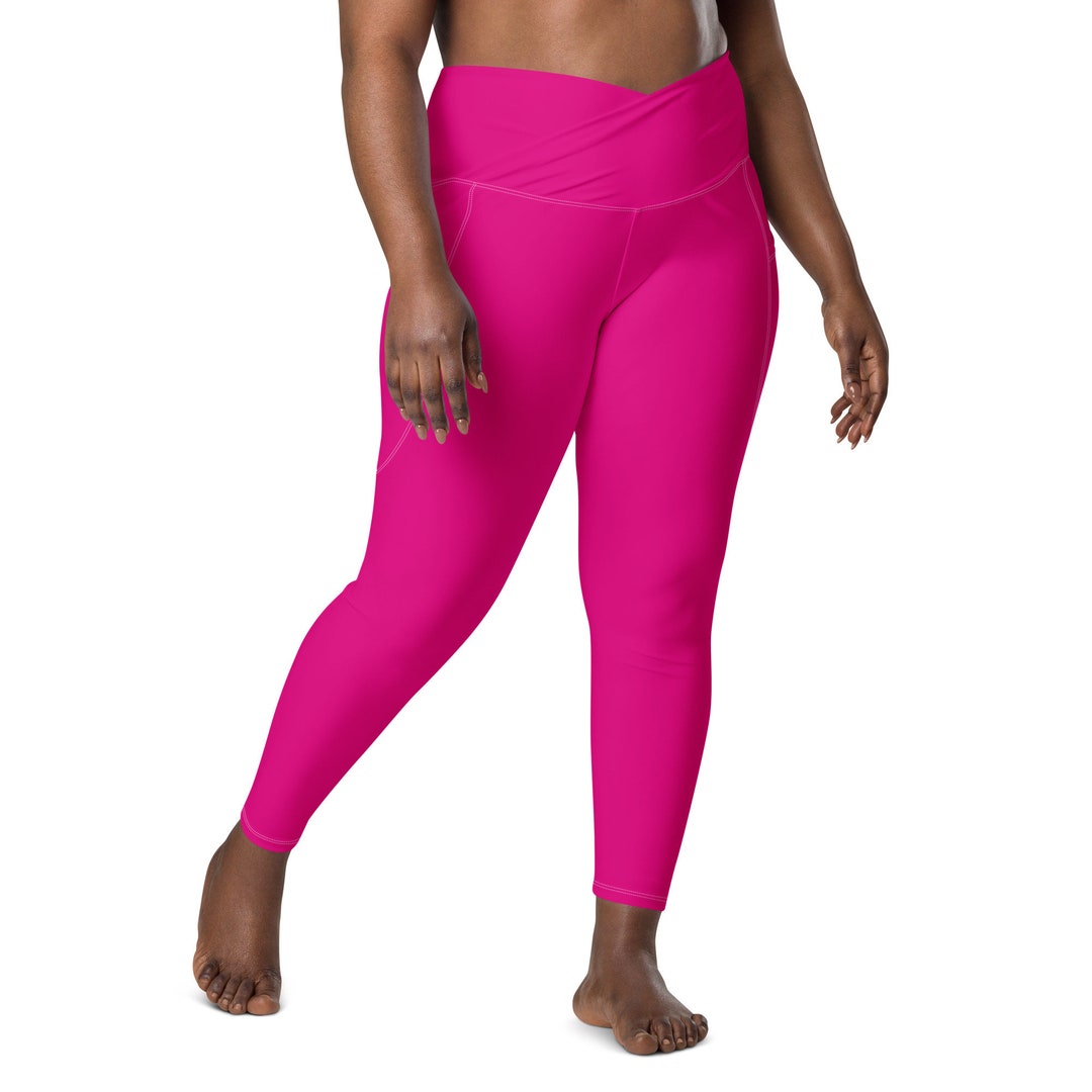 Solid Hot Pink Leggings, Plain Bright Pink Plus Size High Waist