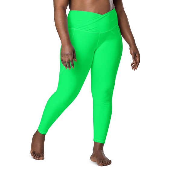 Neon Green Leggings, Solid Bright Lime Green Plus Size High Waist Crossover  Leggings With Pocket, Soft Stretch Hot Green Yoga Workout Pants 