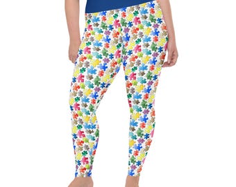 Jigsaw Puzzle Pieces Women Leggings, Soft Comfy Gym Exercise Leggings, Yoga Workout Pants, Women Activewear, Plus Size, Puzzle Lover Gift