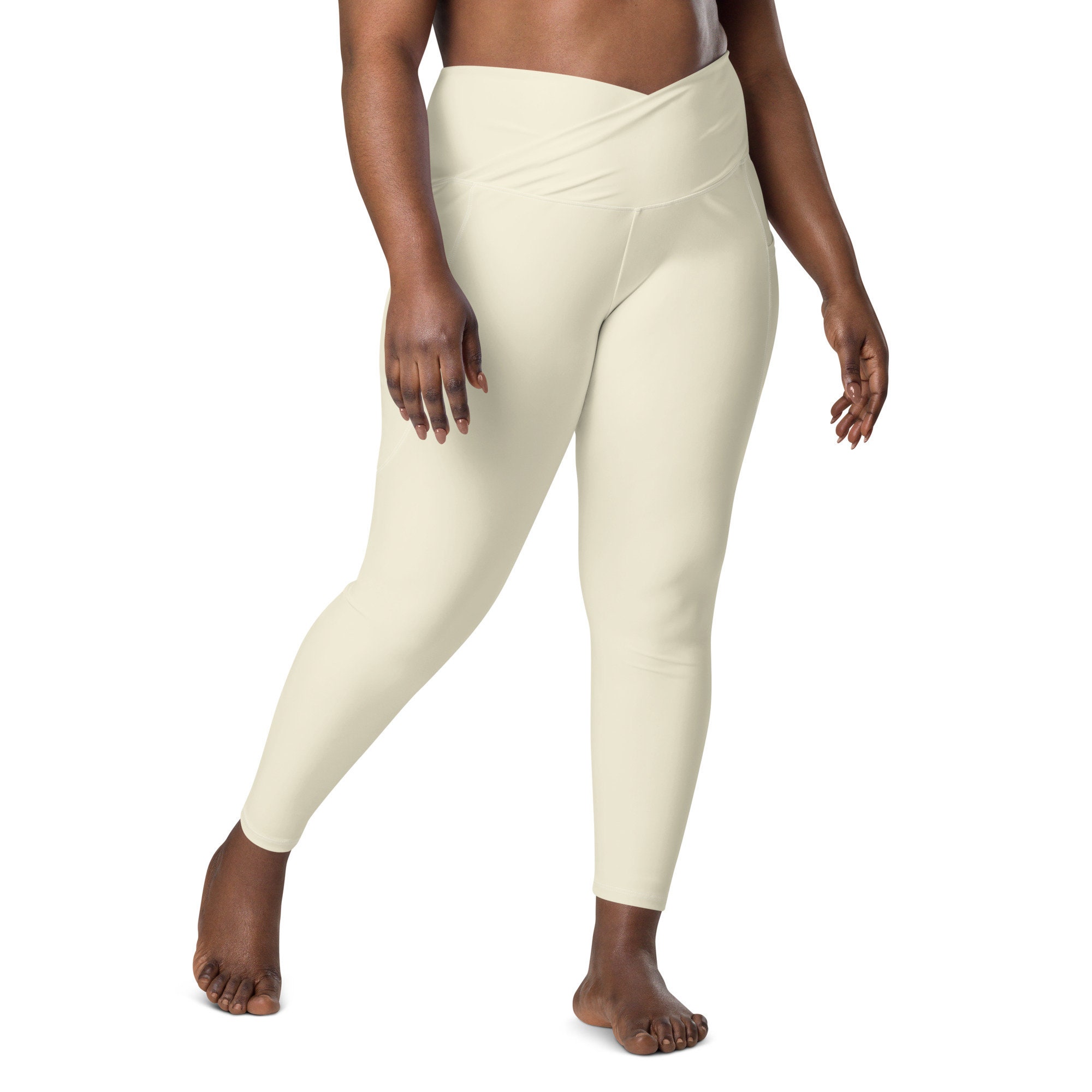 Solid Beige Leggings, Solid Tan Leggings, High Waist Crossover Leggings  with Pocket, Plus Size Workout Yoga Leggings,Casual Streetwear Pants