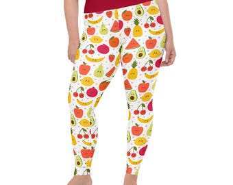 Smiling Fruit Printed Women Leggings, Workout Fitness Leggings, Yoga Exercise Oversized Leggings, All Over Print, Foodie Gifts, Plus Size