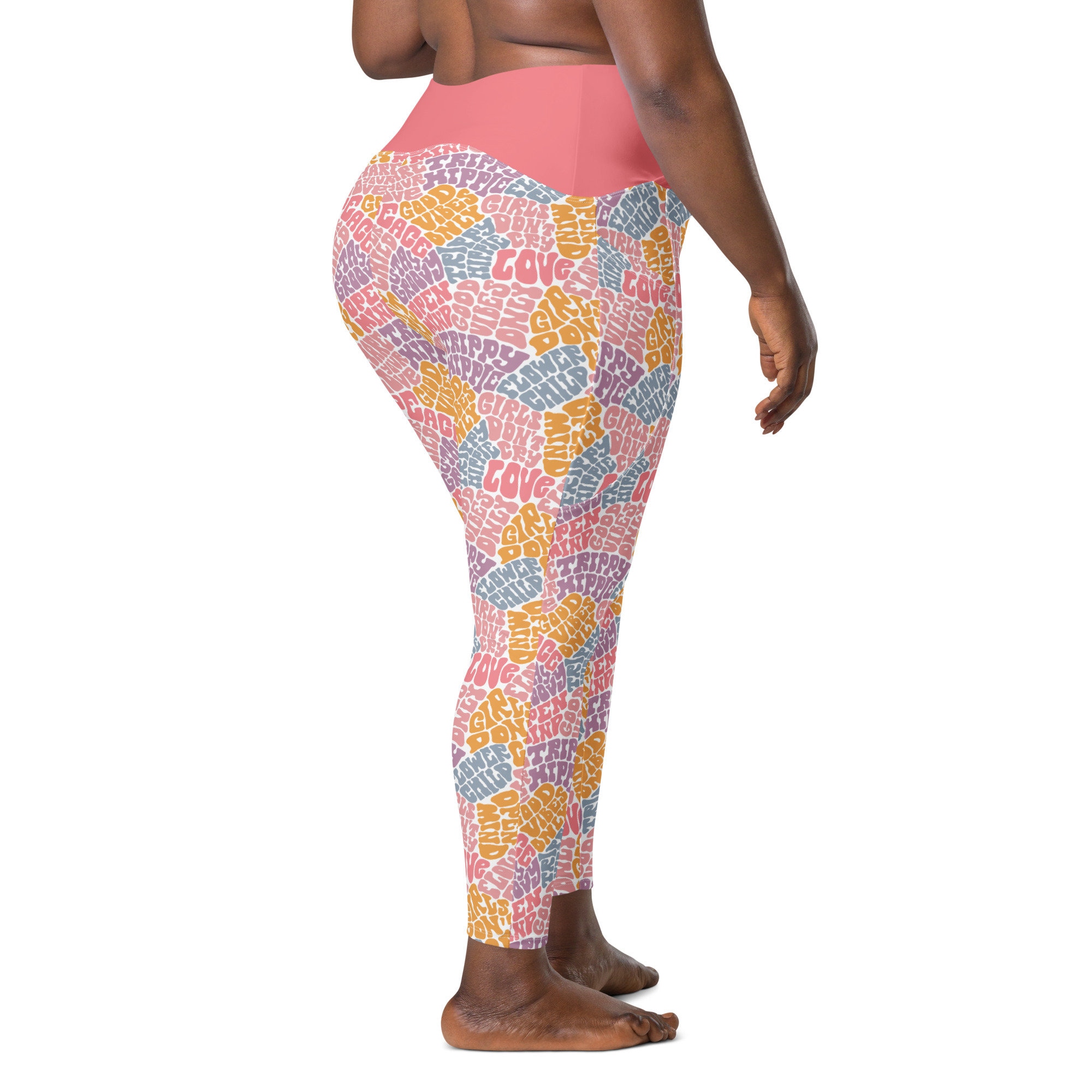 Trippy Hippy Leggings, Plus Size Good Vibes Leggings, High Waist Gym Workout  Leggings With Pockets, Crossover Peace Love Yoga Leggings, Gift 