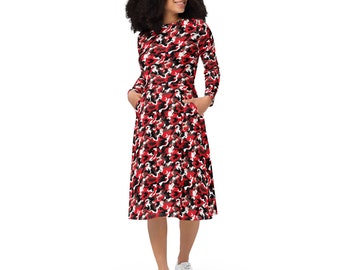 Robe midi imprimée camouflage, Robe camouflage à manches longues, Robe de soirée décontractée, Robe de plage, Robe grande taille avec poches, Cadeau pour elle