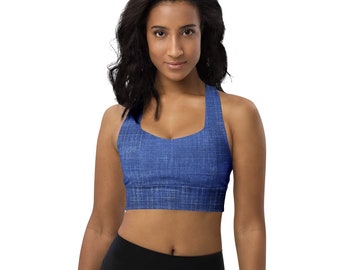Denim Blue Jeans Patterned Sports Bra, Athletic Fitness Bra, Comfortable Active Yoga Gym Bra, Workout Wear, All over Print, Loungewear