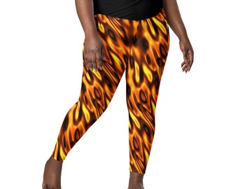 Fire Flames Printed Leggings for Women, Plus Size Workout Lessing, High Waisted Crossover Pyro Leggings with Pockets, Fitness Yoga Pants