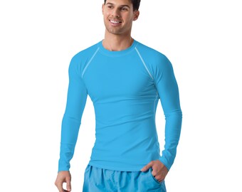 Solid Bright Sky Blue Men's Rash Guard, Jiu Jitsu MMA Rash Guard, Men's Activewear, Yoga Gym Fitness Workout Rash Guard, Gift for Him