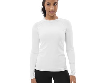 Solid White Print Rash Guard Women, Swim Surf Shirt, Long Sleeve Fitness Rash Guard, Plain White Women Activewear, Jiu Jitsu BJJ
