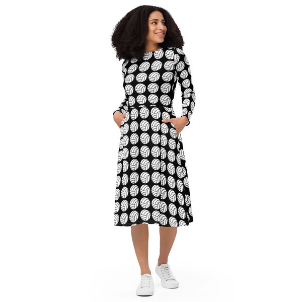 Volleyballs Printed Plus Size Midi Dress with Pockets, Volleyball Player Coach Gifts for Her, All Over Print Full Sleeve Casual Modest Dress