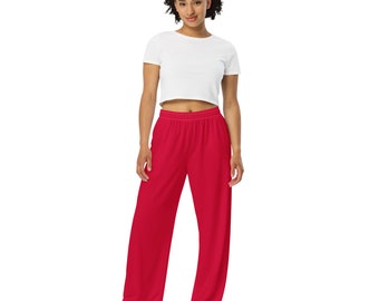 Deep Crimson Red Unisex PJ Pants, Comfy Lounge Pants with Pockets, All Over Print Elastic Waist Pants, Solid Red Christmas Pajama Pants Gift