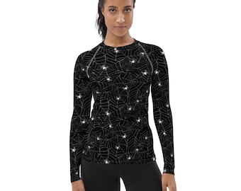 Spiderweb Printed Rash Guard, Black Halloween Rash Guard, Long Sleeve Yoga Workout Rash Guard, Jiu Jitsu BJJ Women Activewear, Goth Gifts