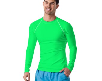 Solid Bright Hot Neon Green Men's Rash Guard, Jiu Jitsu MMA Rash Guard, Men's Activewear, Yoga Gym Fitness Workout Rash Guard, Gift for Him