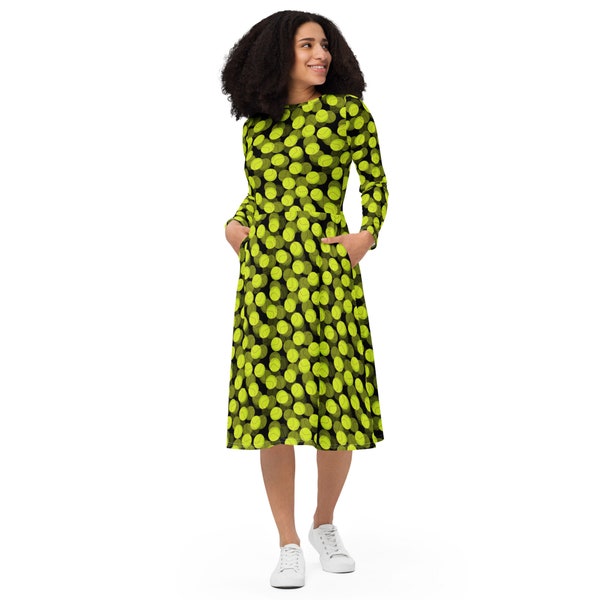 Tennis Balls Printed Plus Size Midi Dress with Pockets, Tennis Player Coach Gifts for Her, All Over Print Full Sleeve Casual Modest Dress