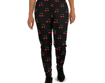 Cherry Fruit Printed Joggers, Foodie Jogger Sweatpants, Healthy Snack Food Joggers for Women, Yoga Pant Leggings, Fruit Lover Vegan Gift