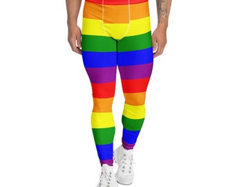 Rainbow Striped LGBTQ Men's Leggings, Activist Loungewear Leggings, Gay Pride Gym Workout Exercise Fitness Leggings, Yoga Pants, Plus Size