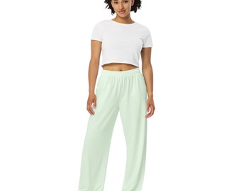 Pantalones PJ unisex estampados en verde pastel claro sólido, regalo de amante verde, pantalones de salón cómodos con bolsillos, pantalones de cintura elástica con estampado completo
