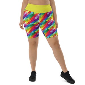LGBTQ Rainbow Checker Biker Shorts Women, Lesbian Pride Shorts, Gym Workout Running Athletic Shorts, All Over Print, Lesbian Gift, Plus Size