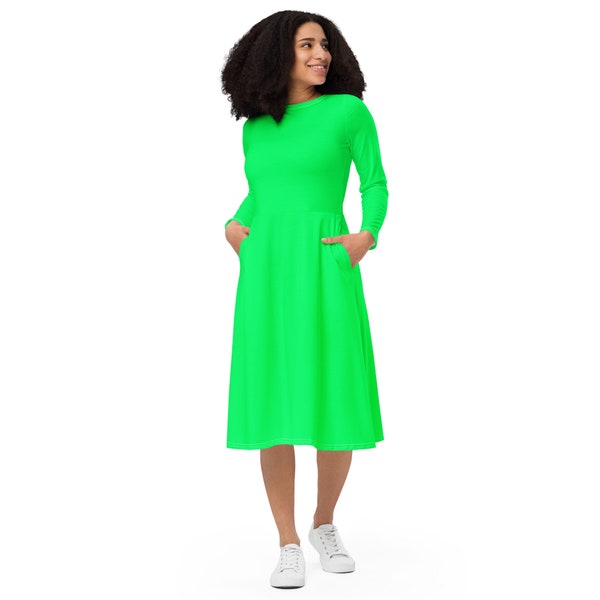 Hot Lime Green Summer Midi Dress, Full Sleeves Dress, Casual Evening Party Dress, Neon Green Beach Dress, Plus Size Dress with Pockets