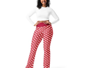 Colorful Hearts Printed Flared Legging Pants for Women, All Over Print Valentine Leggings, High-Waist Plus Size Comfy Leggings, Gift for Her