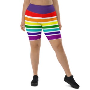 LGBTQ Rainbow Striped Biker Shorts Women, Lesbian Pride Shorts, Gym Workout Running Athletic Shorts, All Over Print, Lesbian Gift, Plus Size