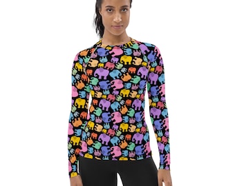 Elephant Printed Rash Guard, Funny Rash Guard, Long Sleeve Yoga Workout Rash Guard, Jiu Jitsu BJJ Women Activewear, Elephant Lover Gifts