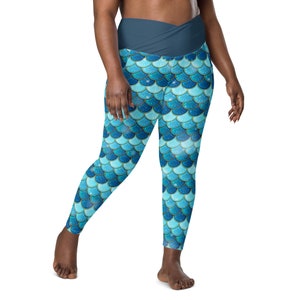 Mermaid Scales Leggings for Women, Plus Size Workout Crossover Leggings, High Waist Ocean Leggings with Pockets, Fitness Yoga Mermaid Pants