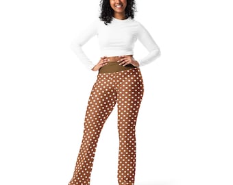 Brown Polka Dots Printed High-Waist Flare Legging Pants for Women, All Over Print Plus Size Unique Colorful Yoga Leggings, Gift for Her