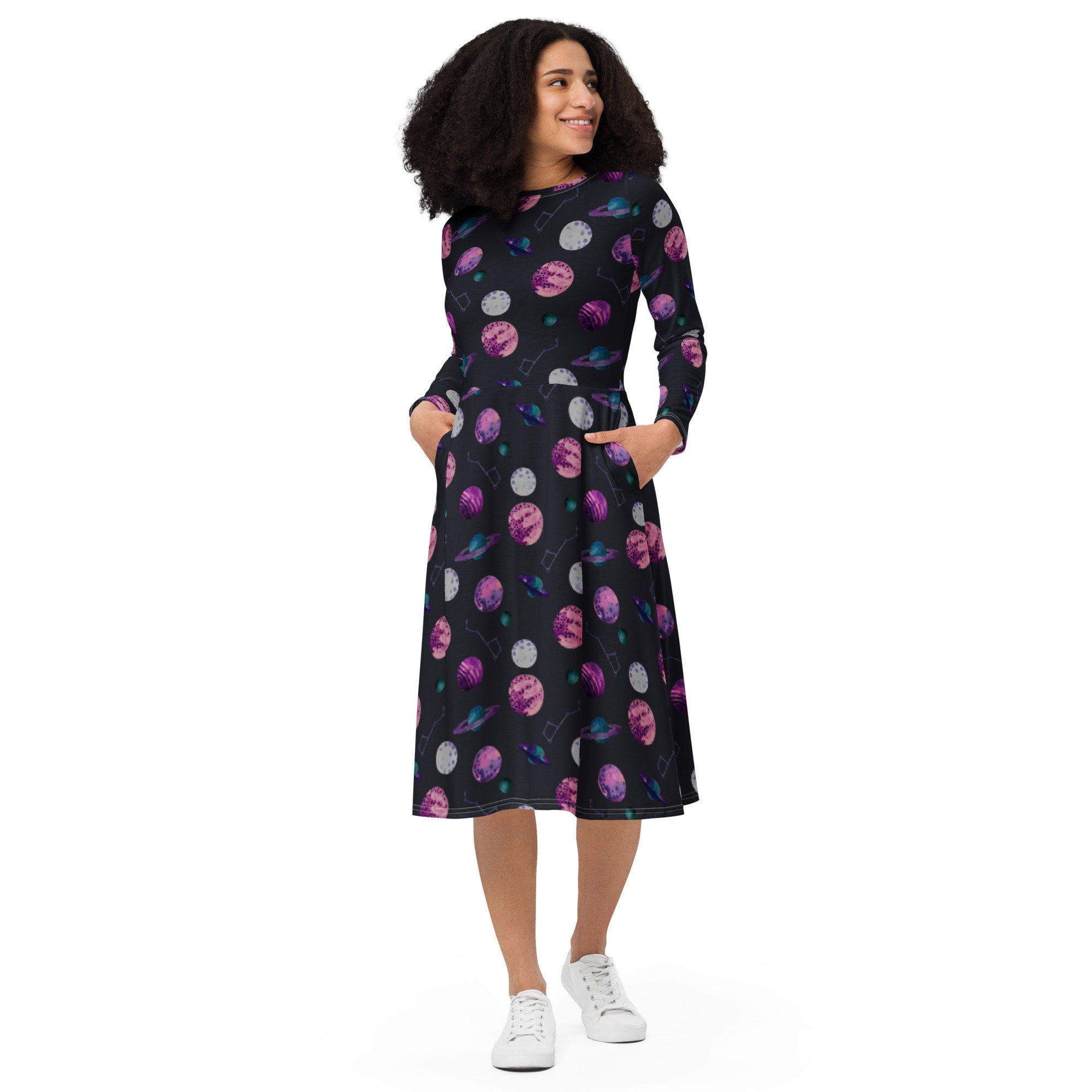 Universe Galaxy Midi Dress, Summer Dress With Pockets, All Over Print  Dress, Long Sleeve, Casual Cute Round Neck Dress, Celestial Midi -   Ireland