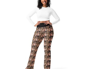 May include: A woman wearing a white long-sleeved shirt and black and brown patterned leggings. The leggings feature a repeating pattern of stylized faces of women with different skin tones.