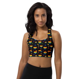Rainbow Hearts Printed Sports Bra, Patterned Sports Bra, Women Sports Bra, Athletic Bra, Gym Workout Bra, Yoga Bra, Fitness Bra, LGBTQ Gifts