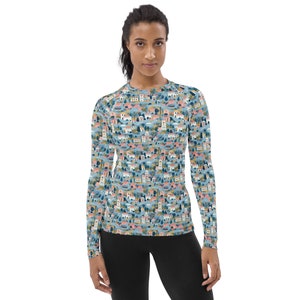 City Streets Printed Women&#39;s Rash Guard, Unique Yoga Workout Fitness Rash Guard, Long Sleeve Women&#39;s Activewear, Travel Lover Gifts for Her