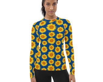 Sunflower Printed Rash Guard, Floral Rash Guard, Long Sleeve Yoga Workout Rash Guard, Jiu Jitsu BJJ Women activewear, Sunflower Lover Gifts