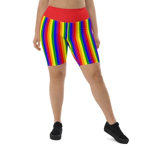 LGBTQ Rainbow Striped Biker Shorts Women, Lesbian Pride Shorts, Gym Workout Running Athletic Shorts, All Over Print, Lesbian Gift, Plus Size