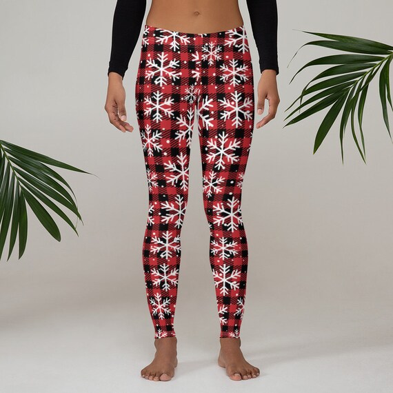 Christmas Plaid Leggings Snowflakes 