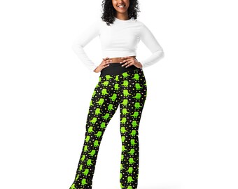 T-Rex Dino Monsters Printed High-Waist Flare Legging Pants for Women, All Over Print Plus Size Unique Colorful Yoga Leggings, Gift for Her