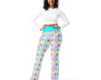 Rainbow Hearts Printed Flared Legging Pants for Women, All Over Print Valentine Leggings, High-Waist Plus Size Comfy Leggings, Gift for Her