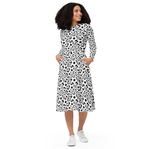 Soccer Balls Printed Plus Size Midi Dress with Pockets, Soccer Player Coach Gifts for Her, All Over Print Full Sleeve Casual Modest Dress