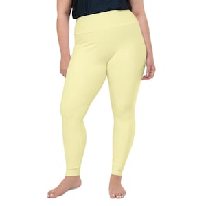 Solid Light Pastel Yellow Leggings for Women, Plus Size Gym Leggings, Fitness Workout Yoga Pants, Soft Exercise Running Leggings, Gym Gift