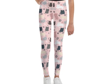 Cats Kitty Leggings for Kids/Youth, Kids Tights, Kitten Pattern Children Leggings, Soft Stretch Girls Leggings,Cat Lover Gift All Over Print