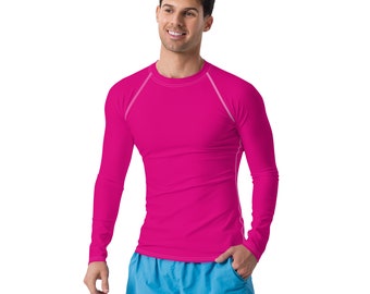 Solid Bright Hot Pink Men's Rash Guard, Jiu Jitsu MMA Rash Guard, Men's Activewear, Unique Yoga Gym Fitness Workout Rash Guard, Gift for Him